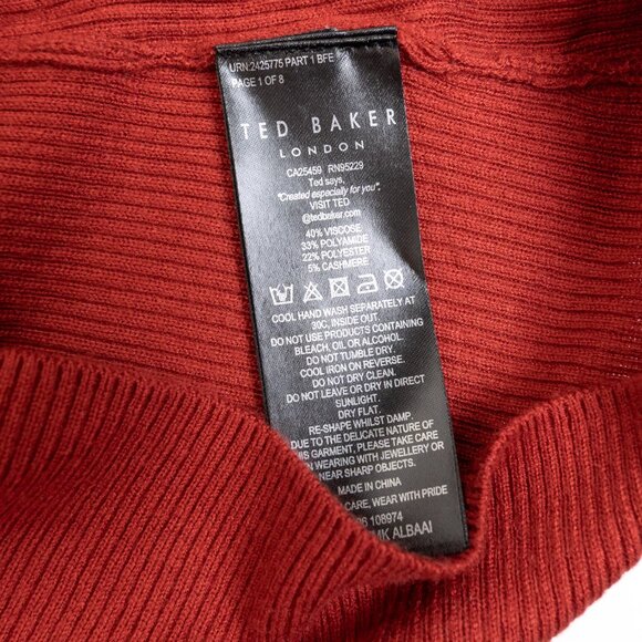 Ted Baker Scalloped Mock Neck Sweater Ruffle Cuff Albaai Red Rust Size 1 - Picture 10 of 10